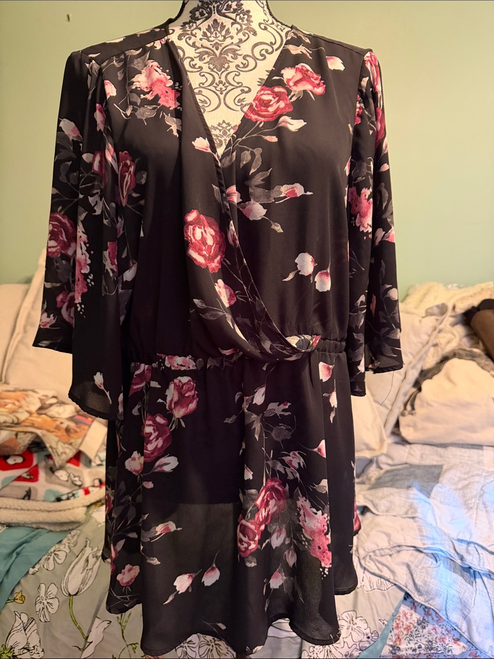 torrid Black Floral Wrap-Front Chemise with Pink Roses
